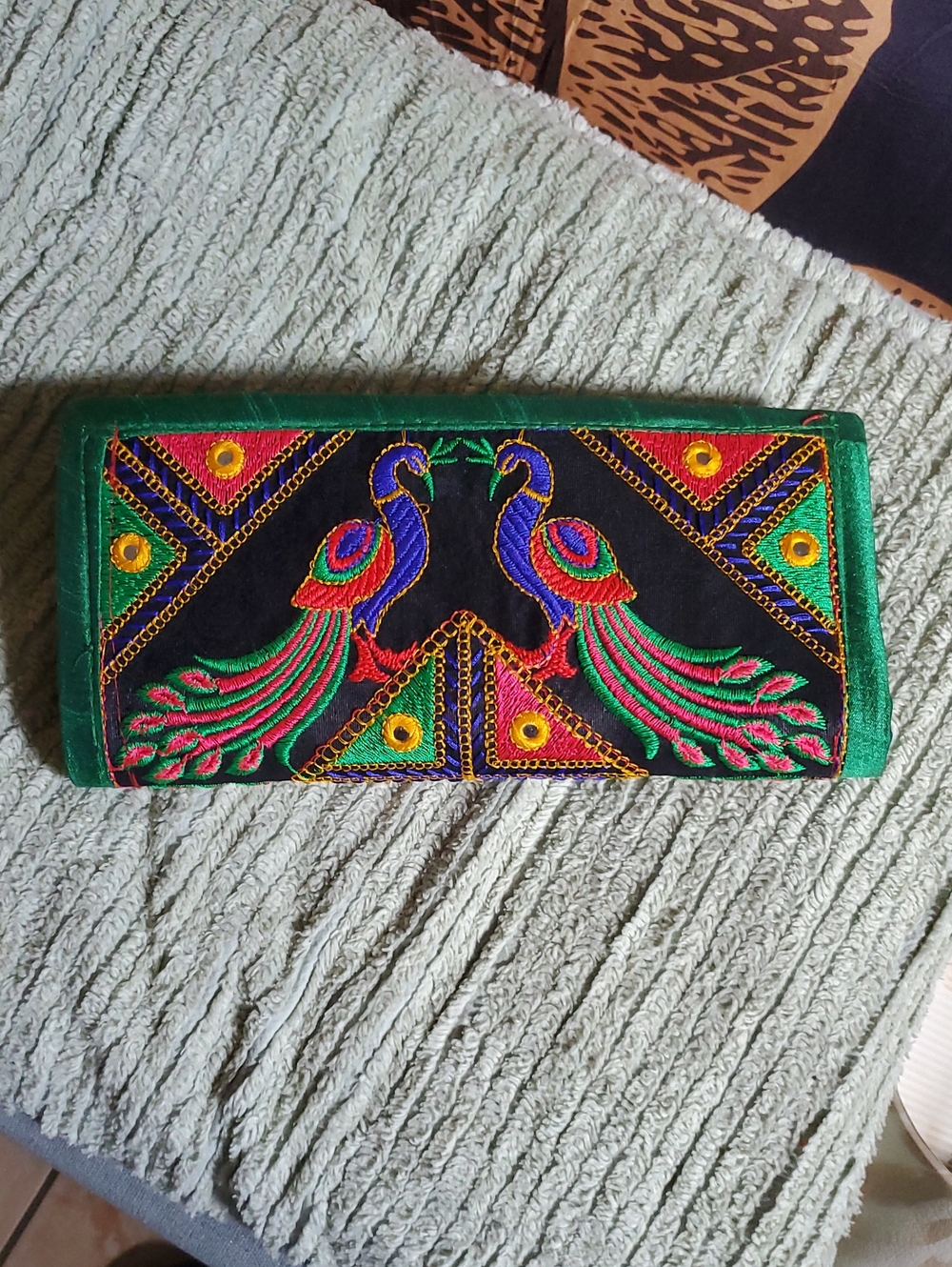 Embroidered Peacock Clutch Wallet - Green and Black Handmade From India